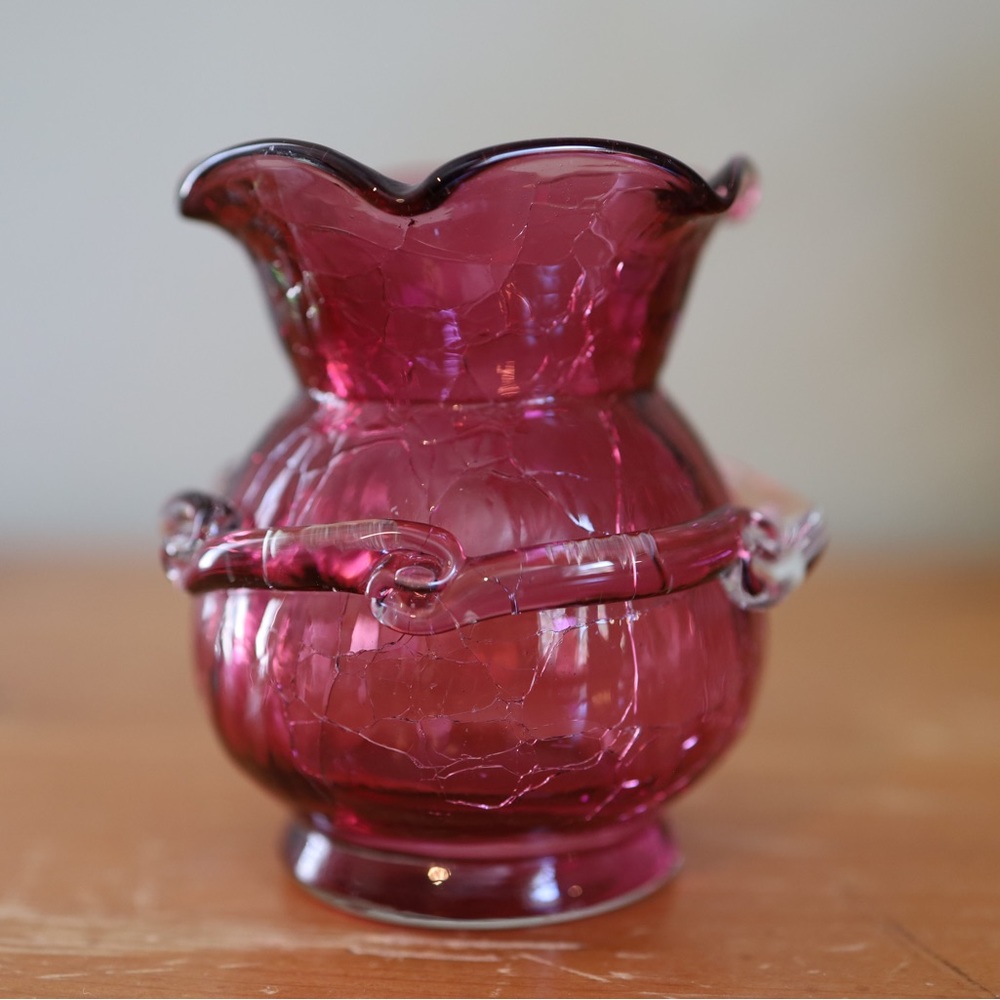 Kanawha cranberry mini vase with ribbon ruffle rim. 3.75”